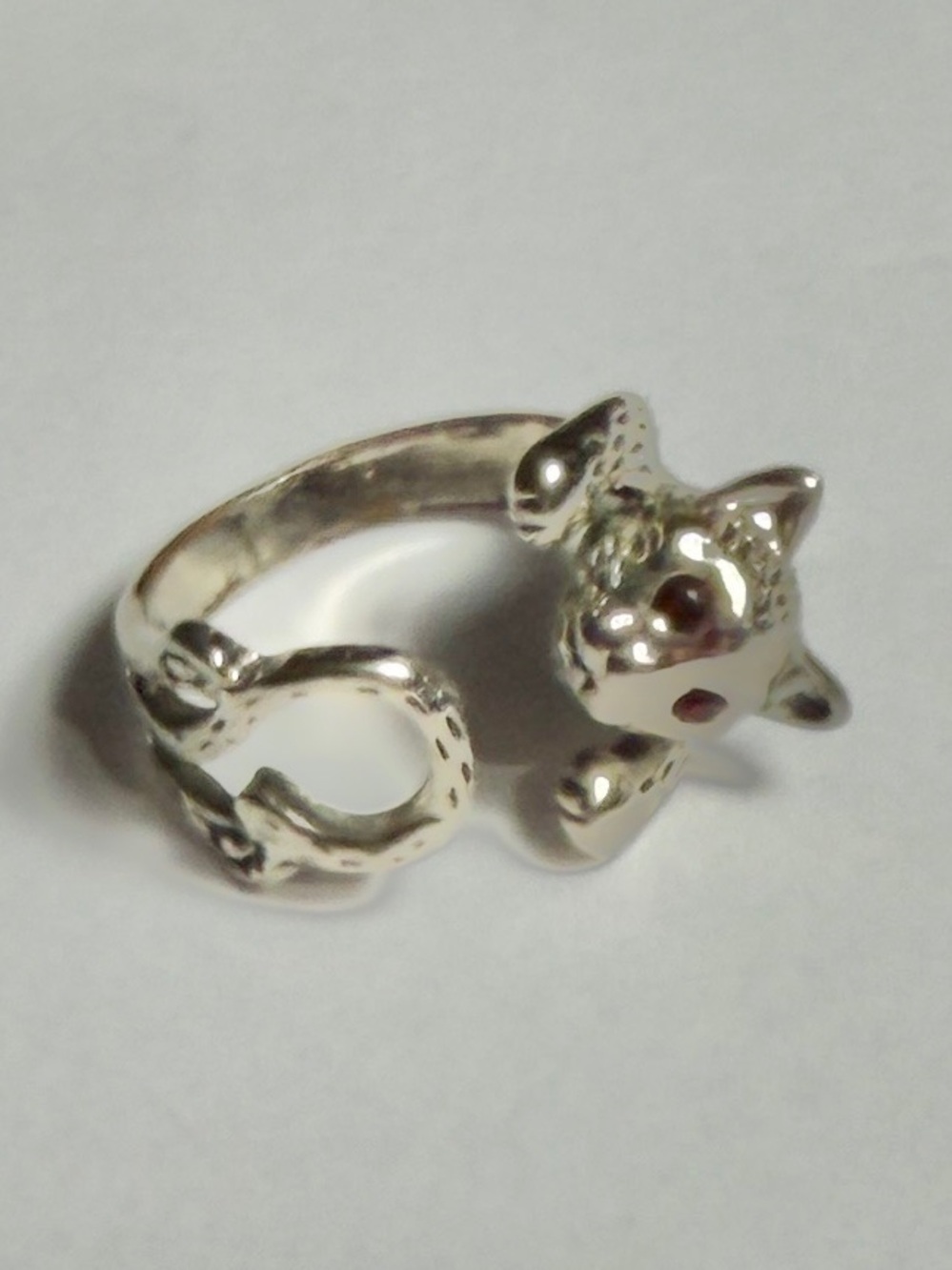 Silver Cat Wrap Ring Red Rhinestone Crystal Eyes Adjustable Animal Open Band - Picture 1 of 5